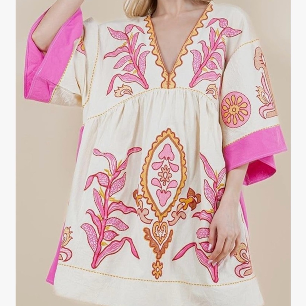 Vibrant Pink and Cream Embroidered Mini Dress